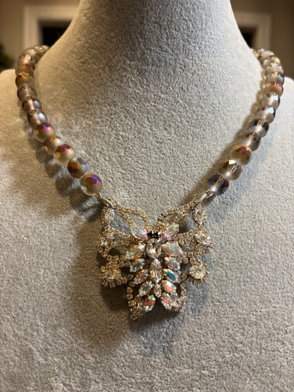 Handmade Statement Necklace with Iridescent Beads and vintage rhinestone pendant